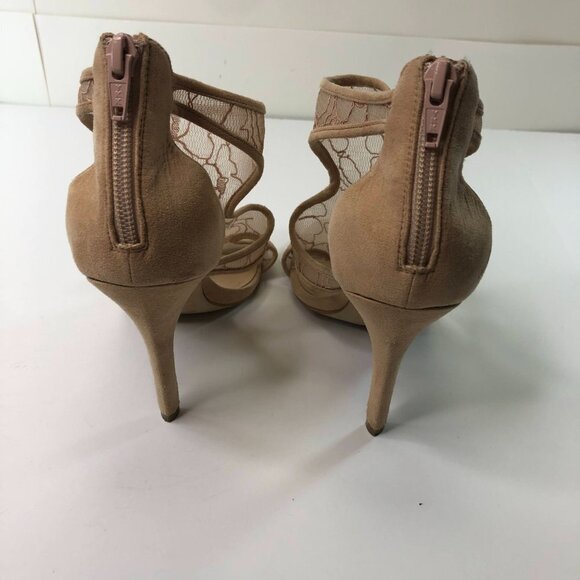 ALDO Beige Suede Embroidered Mesh Open Toe Strappy Back Zip High Heels Women’s 8 - Picture 4 of 9